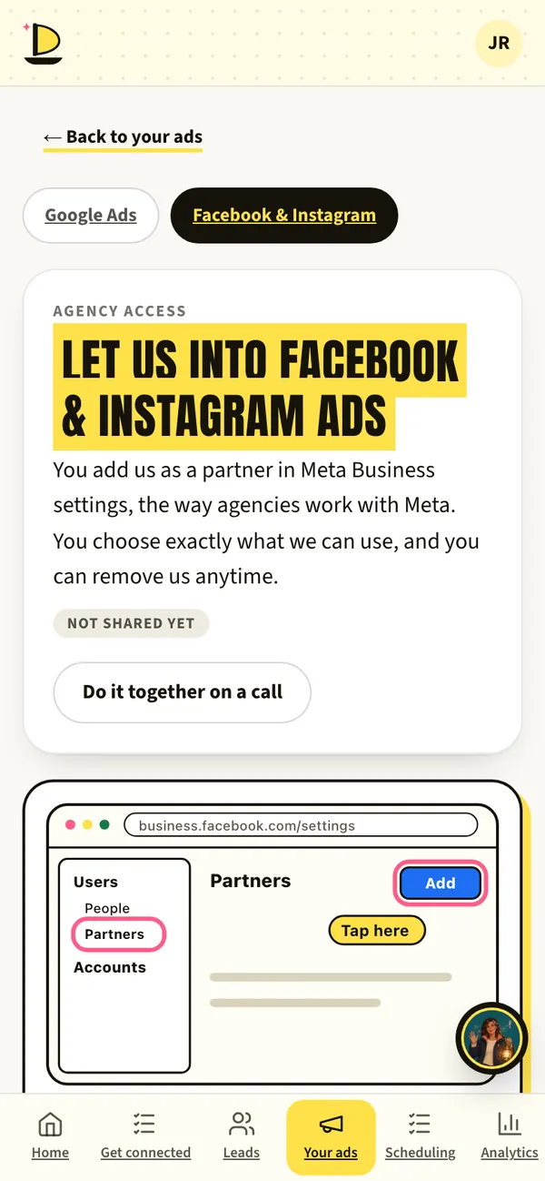Harbor’s agency access screen: let us into Facebook and Instagram Ads as your partner.