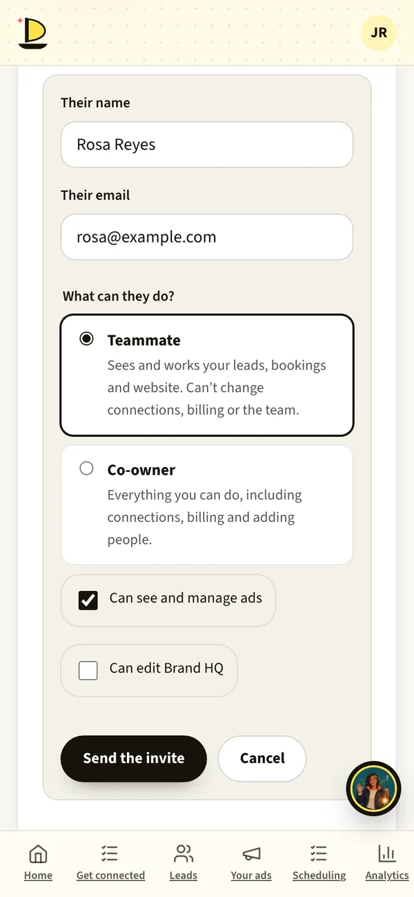 Harbor’s Add a teammate form with the Teammate and Co-owner choices.