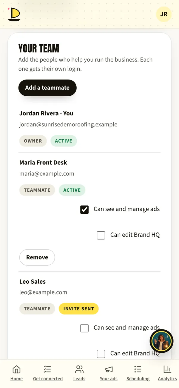 Harbor’s Your team screen with an owner, a teammate and an invite.