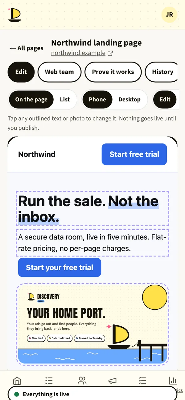 Harbor’s website editor showing a page’s editable text and photos.